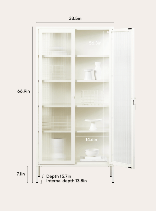 White tall storage cabinet with two glass-front doors, shown open with overlaid dimensions for height, width, depth, and internal depth on a light beige background.