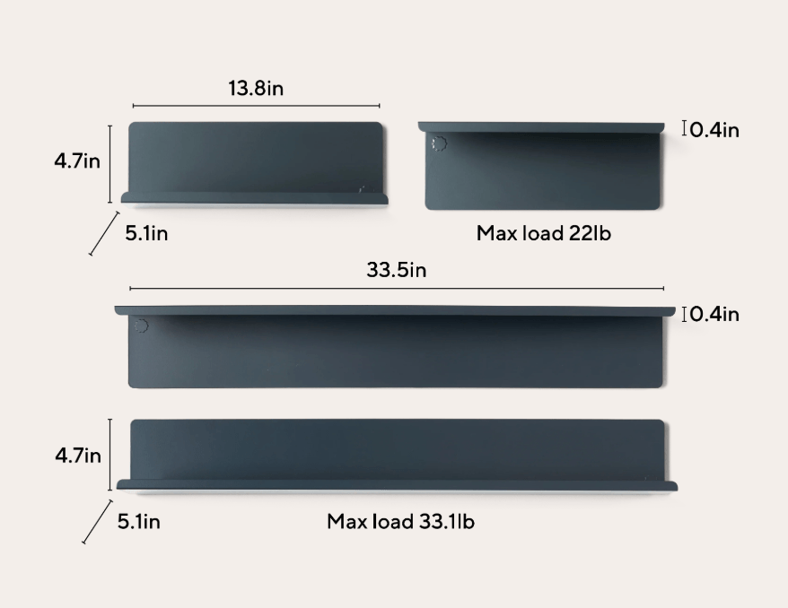 Four dark gray wall shelves shown with dimension labels and load capacity on a light beige background. The shelves are arranged vertically, with measurements for width, height, and depth, plus maximum load ratings of 22lb and 33.