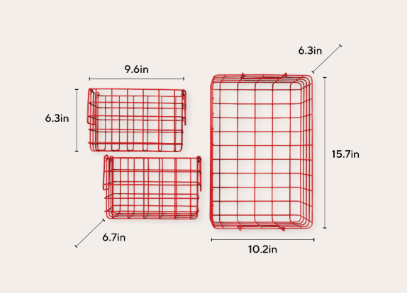 Three red wire storage baskets shown with dimension labels and measurements on a light beige background.