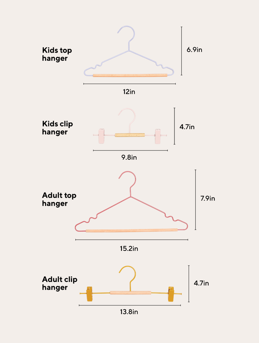 A size comparison chart showing line drawings of hangers with labeled dimensions: Kids top hanger 12 in, Kids clip hanger 9.8 in, Adult top hanger 15.