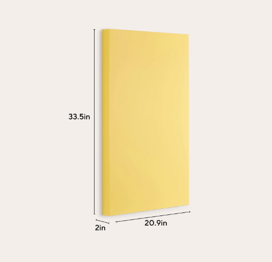 A yellow rectangular panel or book-like product shown on a light beige background with dimension lines and text indicating 33.5 in height, 20.