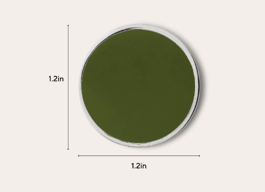A circular olive green magnet with a silver rim, shown on a light beige background with dimension lines indicating a height and width of 1.2in.