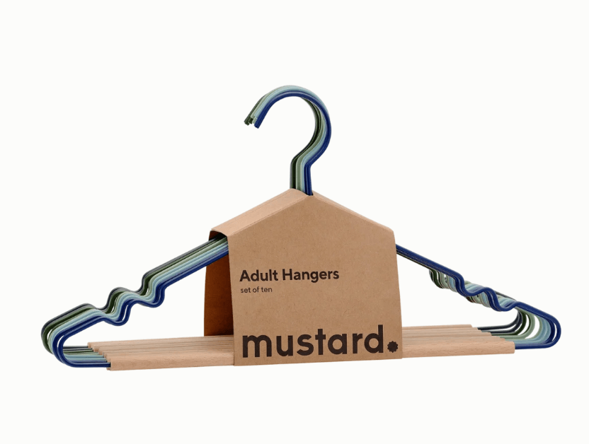 A set of ten mustard brand metal hangers with blue, green, and gray striped wire, displayed on a brown cardboard hanger stand against a white background.