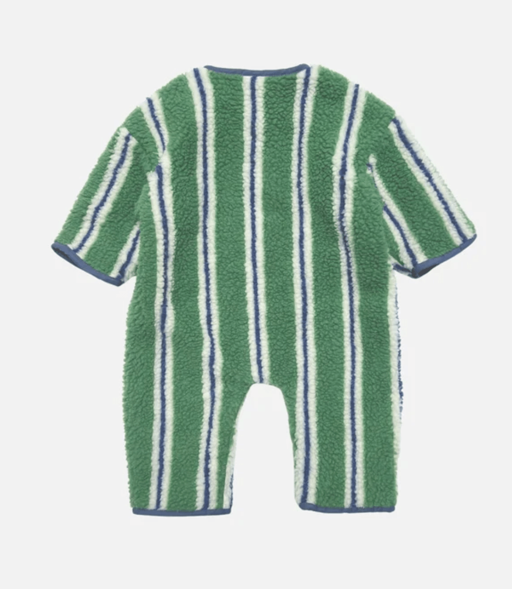 A green plush fleece baby romper with vertical white and navy blue stripes, shown against a light gray background.