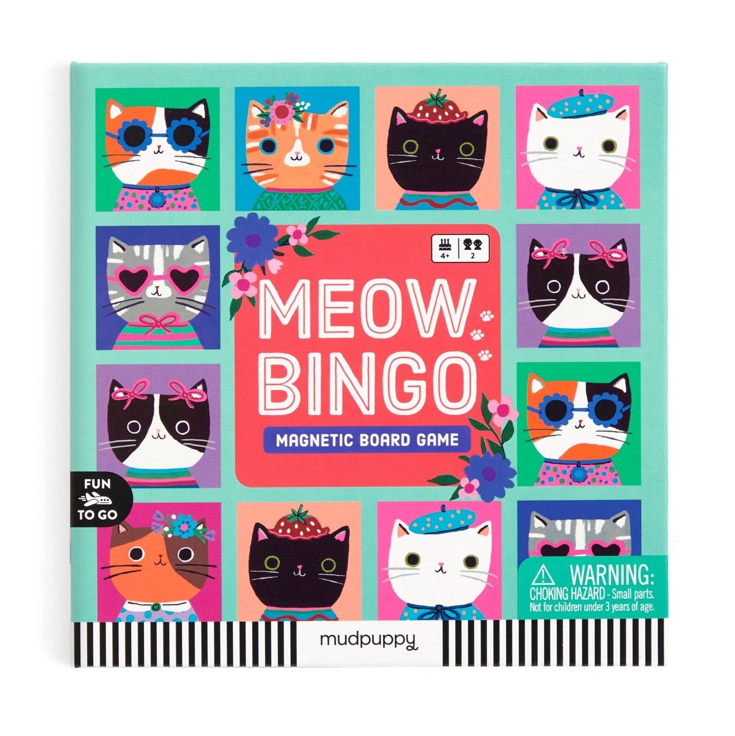 Meow Bingo magnetic board game packaging with colorful cat illustrations on a white background