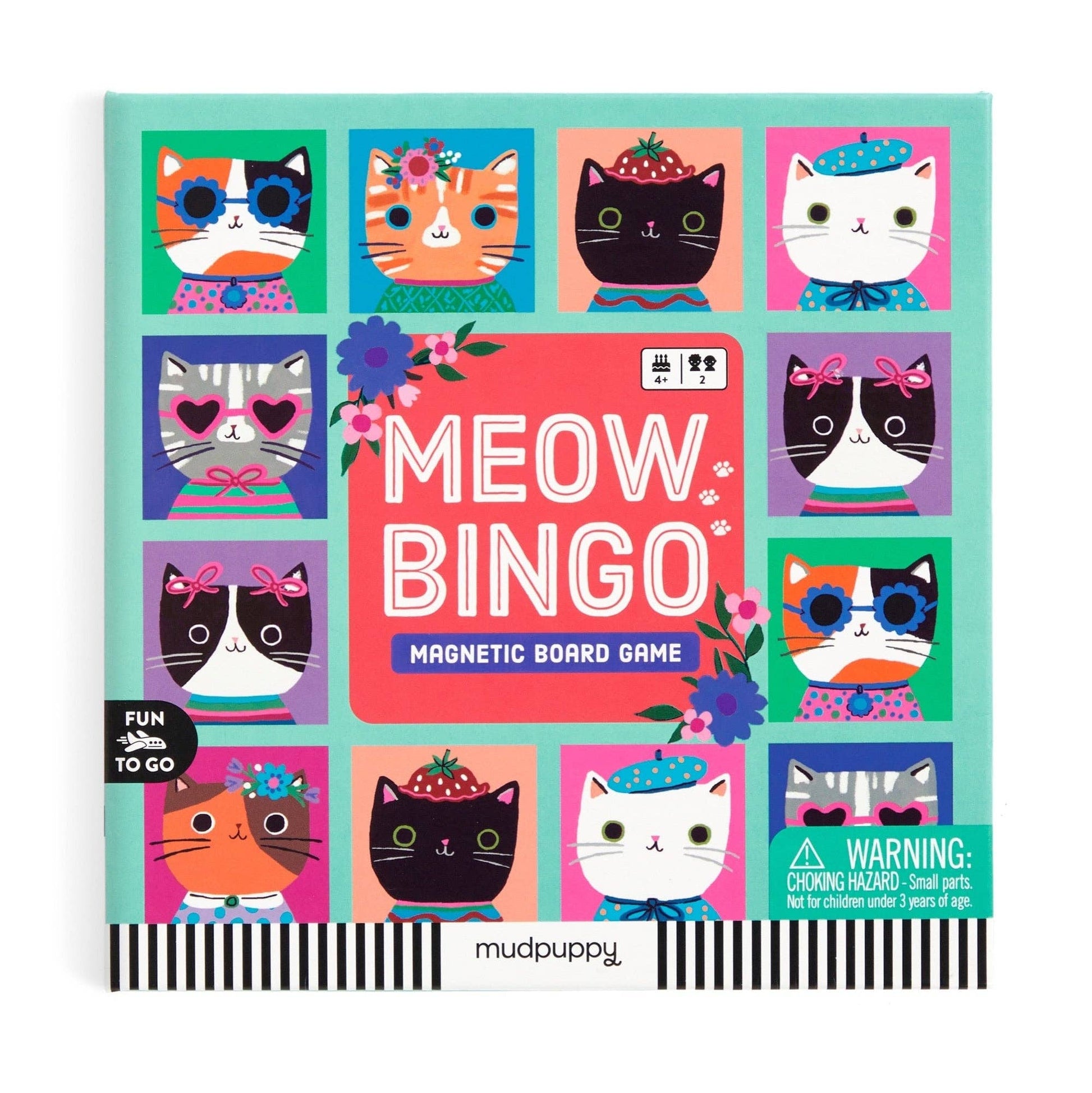 Meow Bingo magnetic board game packaging with colorful cat illustrations on a white background