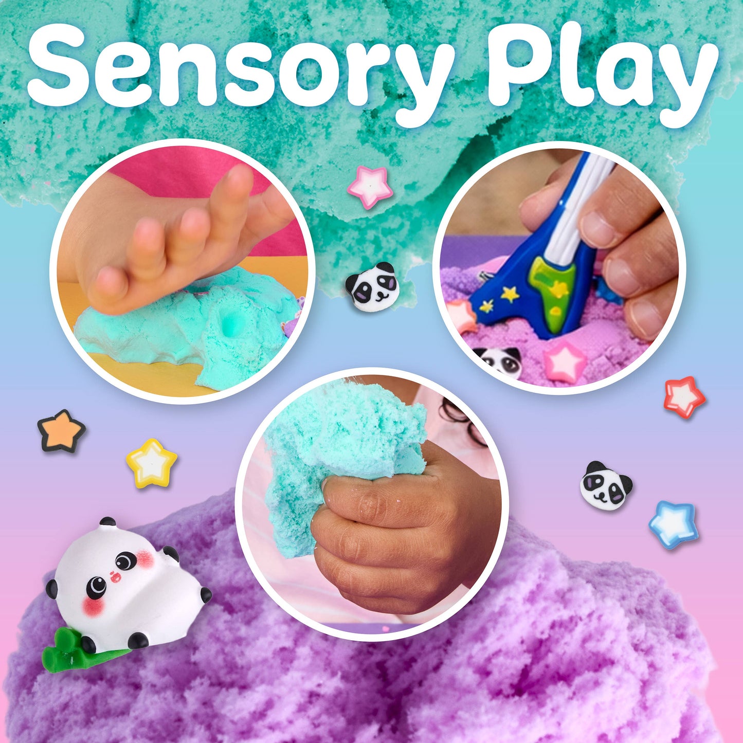 Sensory play activity with colorful foam and panda toys on a gradient background.