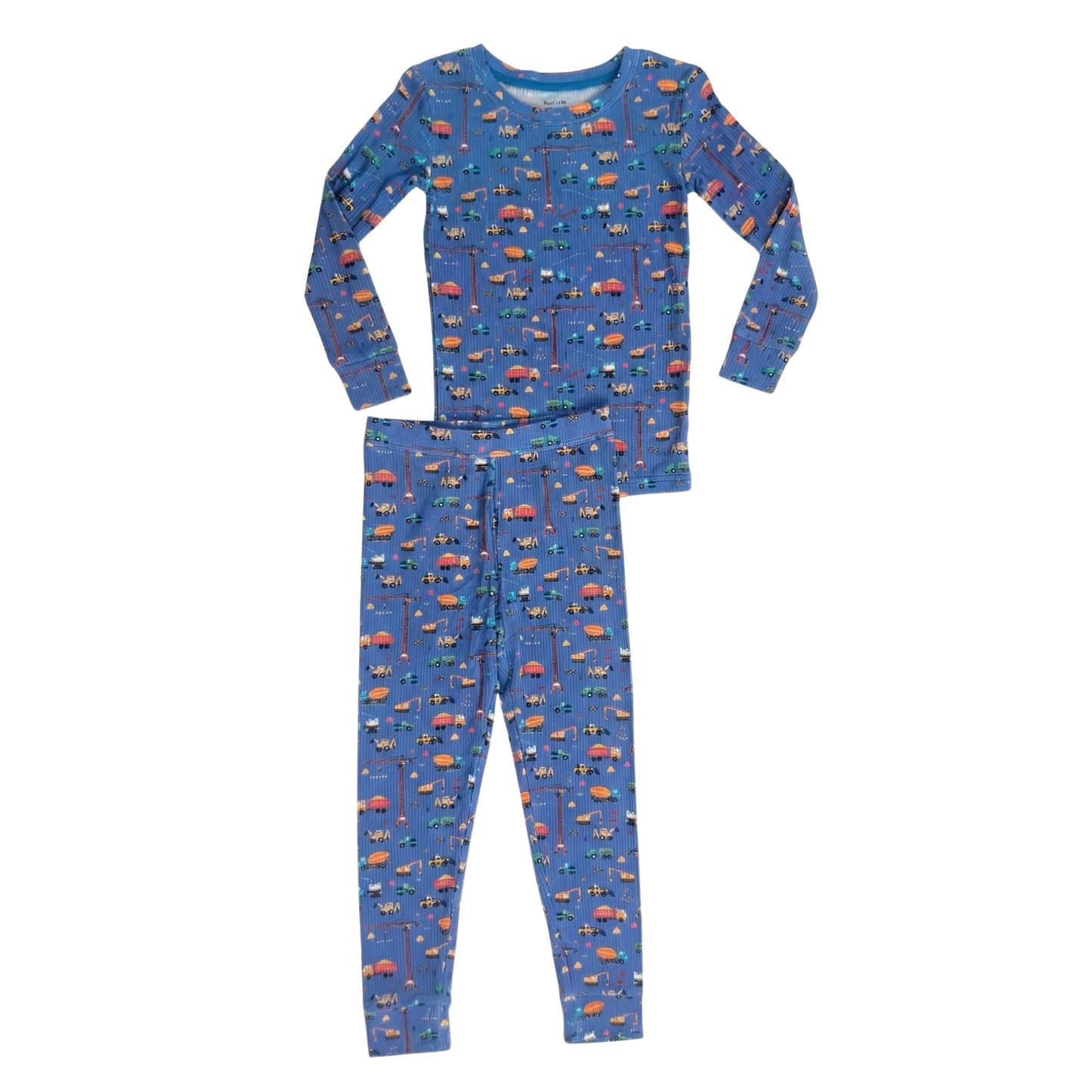 Children's blue pajama set with vehicle pattern on a white background