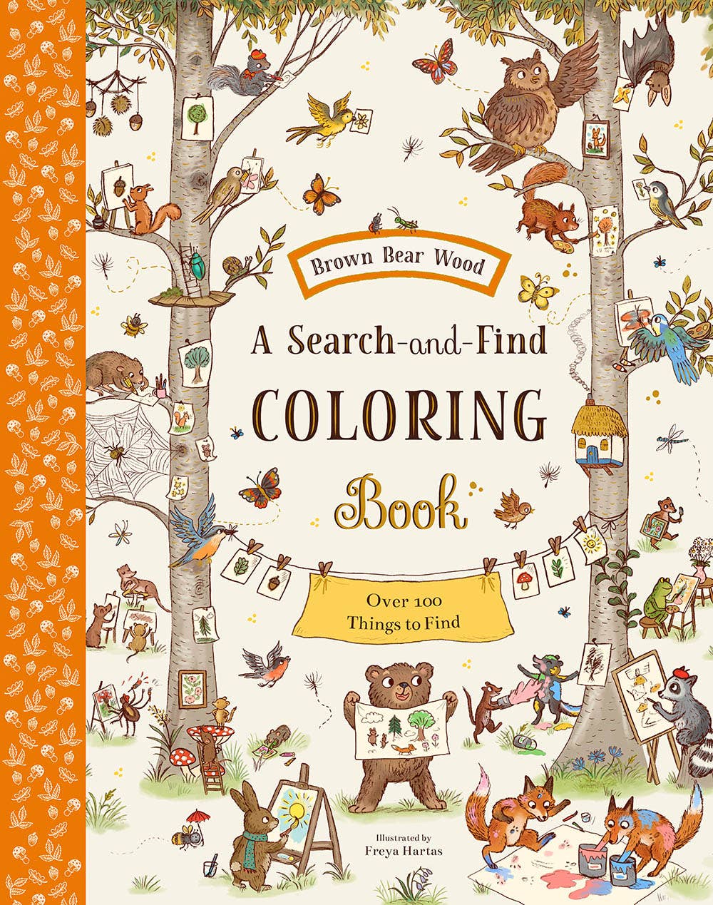 Coloring book cover with forest animals and 'Brown Bear Wood' branding
