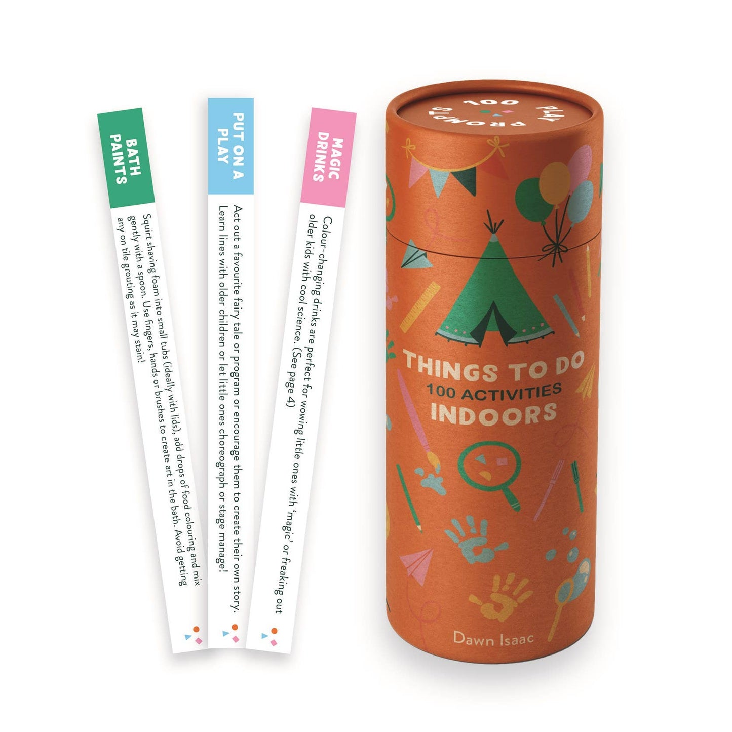 Colorful cylindrical book titled '100 Things to Do Indoors' with activity cards on a white background