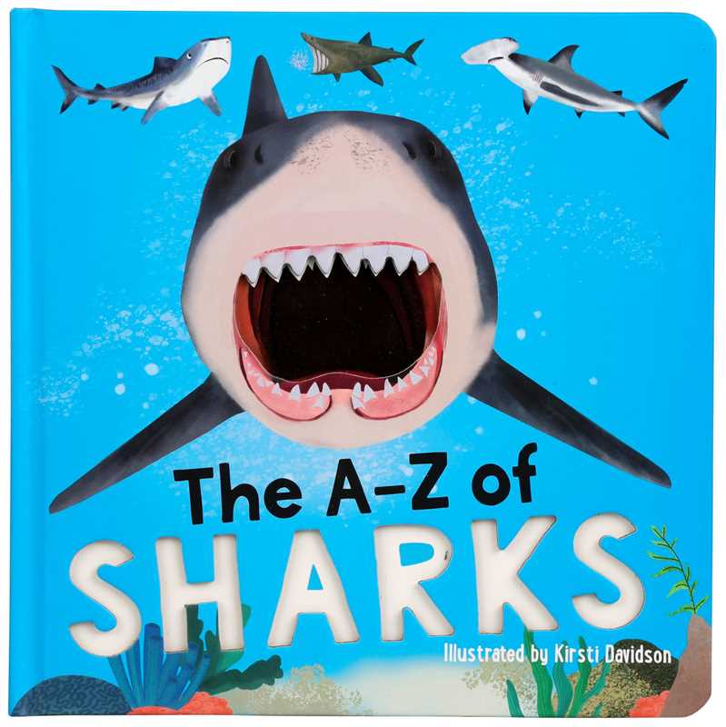 Book cover of 'The A-Z of Sharks' with a shark illustration and underwater design.