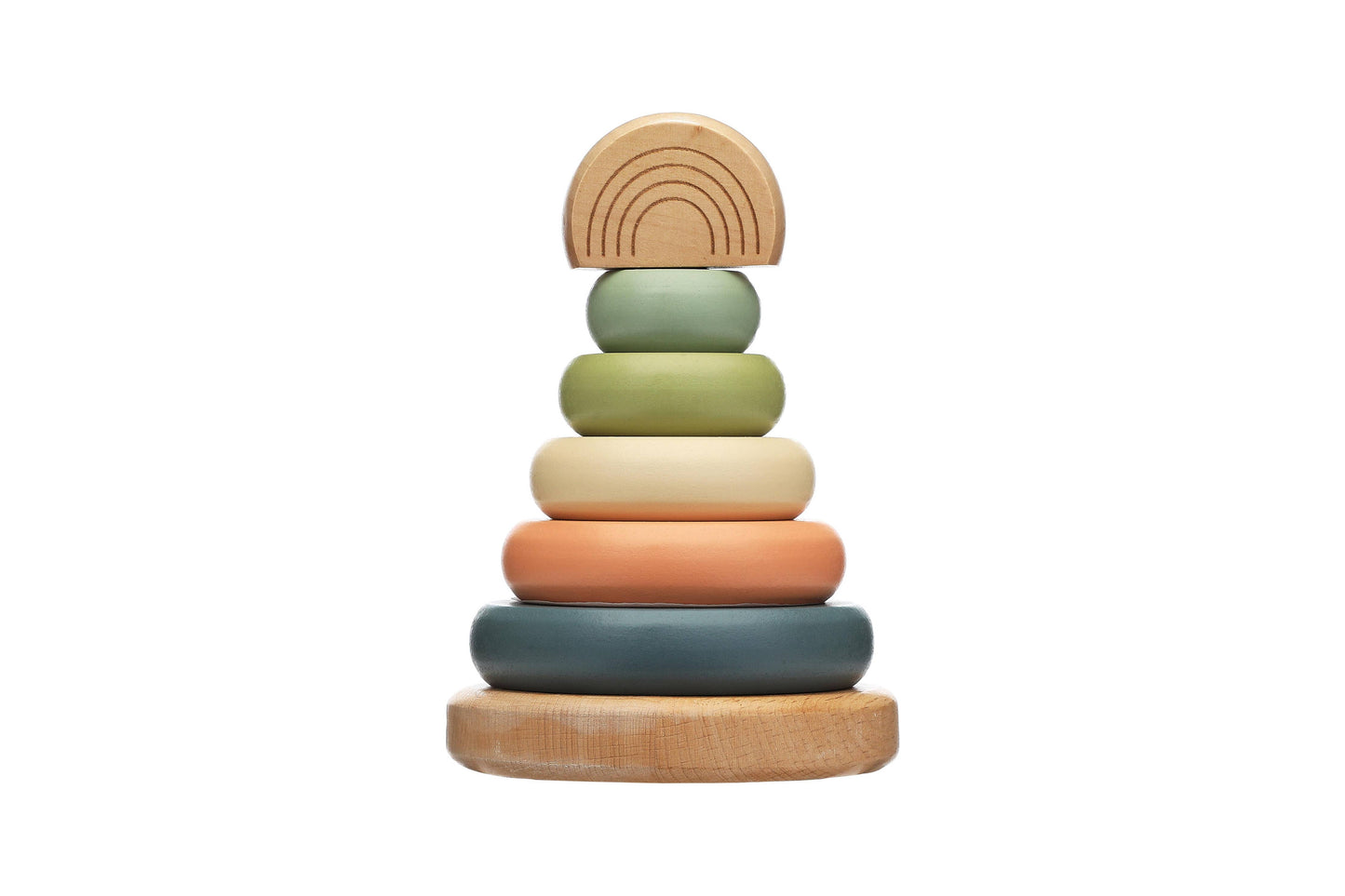 A wooden stacking toy consisting of a peg with five multicolor earth tone rings and a wooden rainbow topper on a white background.