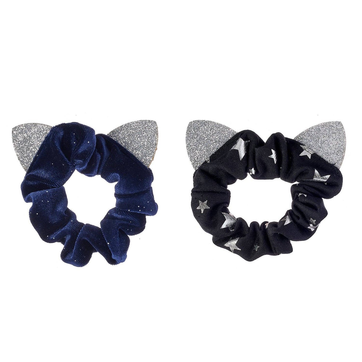Two cat-ear scrunchies on a plain white background. One is navy blue velvet with silver glitter cat ears.