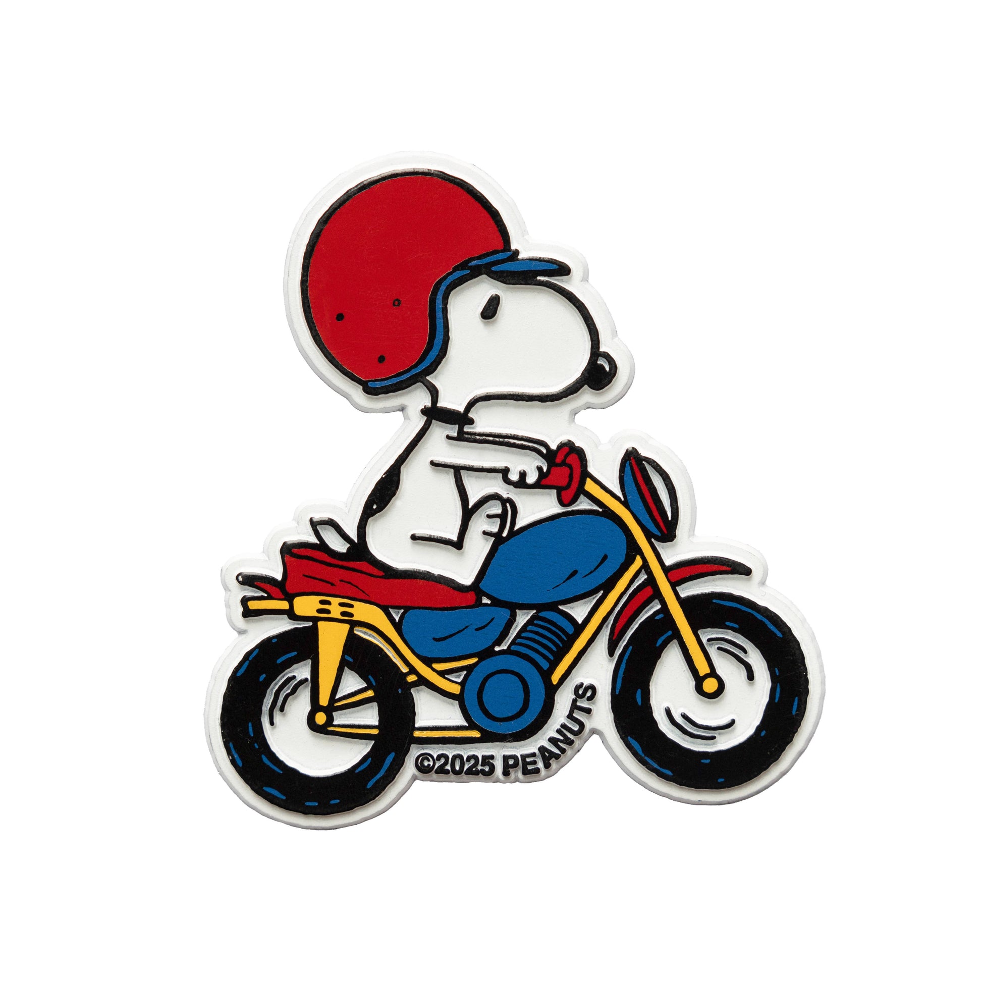 Sticker of a cartoon dog character riding a motorcycle with a red helmet on a white background.