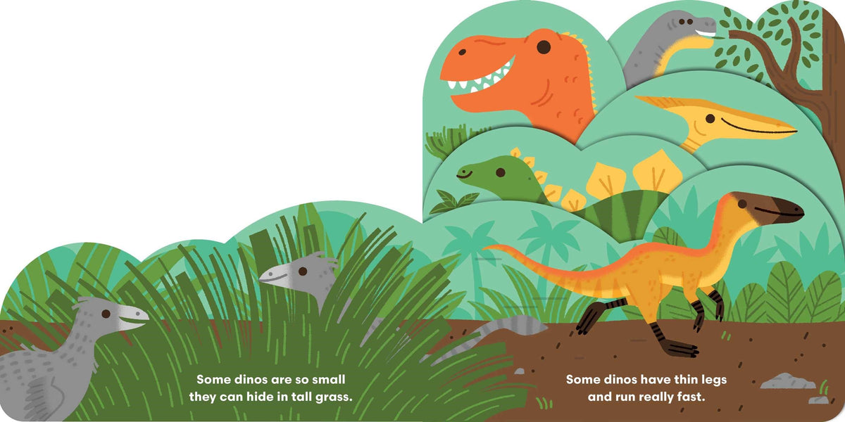 A children's educational book or activity page showing colorful cartoon dinosaurs in a prehistoric landscape with grass, trees, and text callouts.
