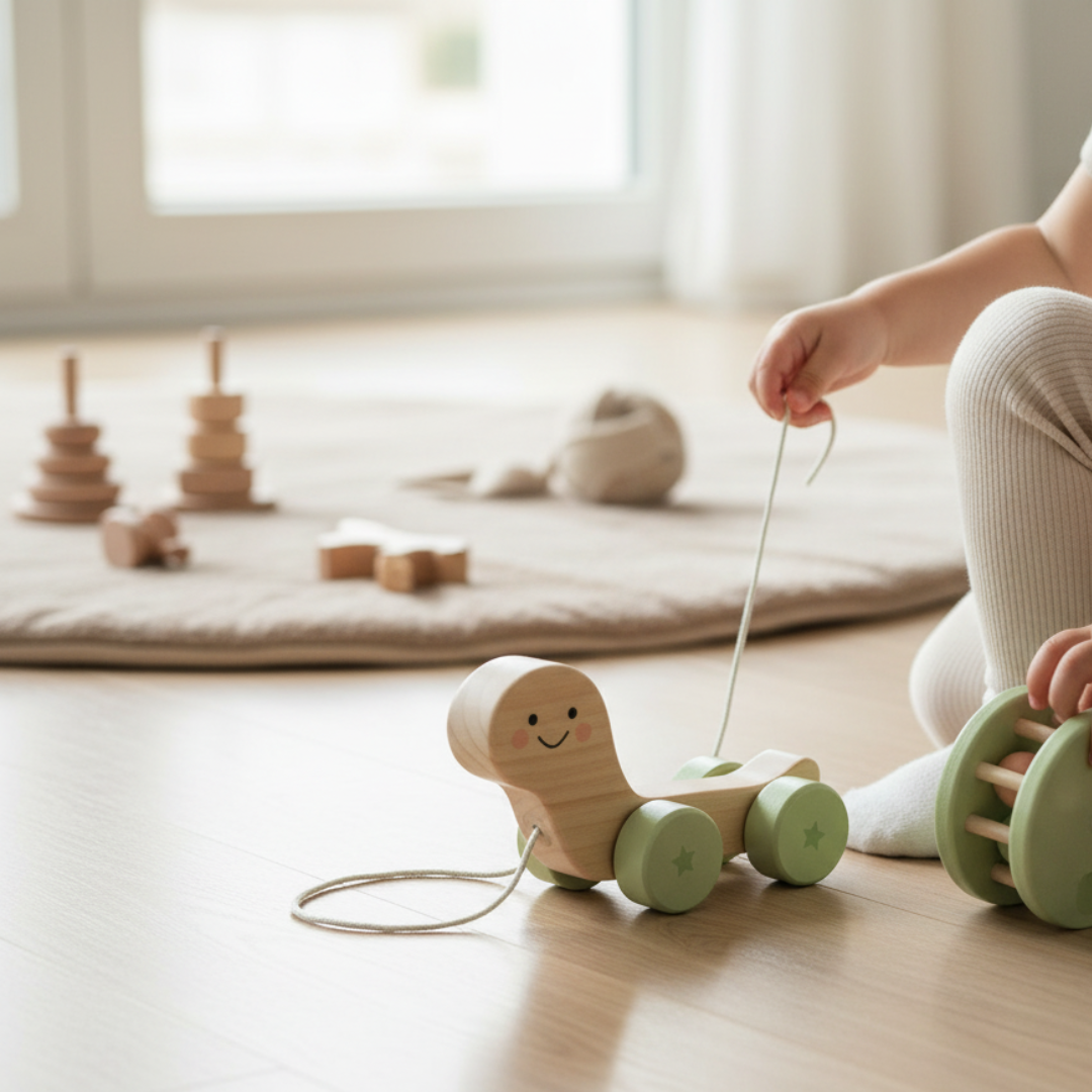 Child playing with a wooden toy on a wooden floor.