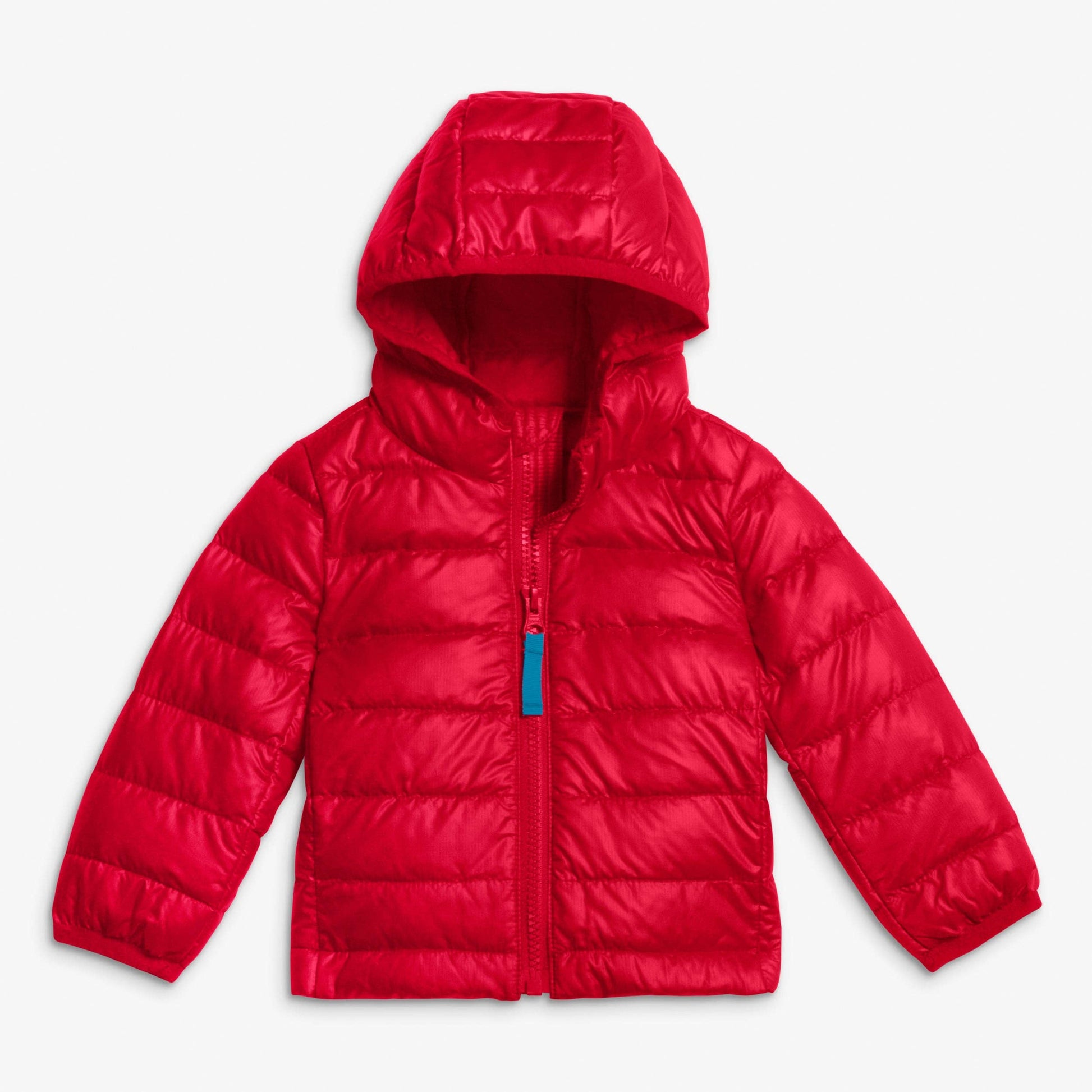 A bright red hooded puffer jacket with horizontal quilting, a front zipper, and a small blue zipper pull, shown on a light gray background.