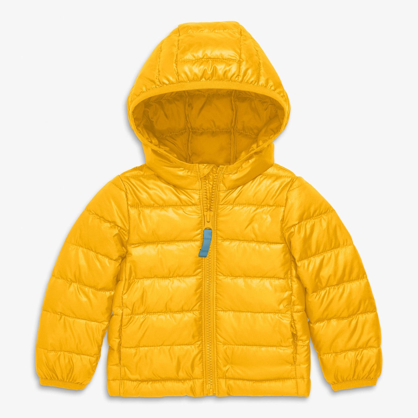 A bright yellow hooded puffer jacket with horizontal quilting, a front zipper, and a small blue accent tab on the chest, shown against a light gray background.
