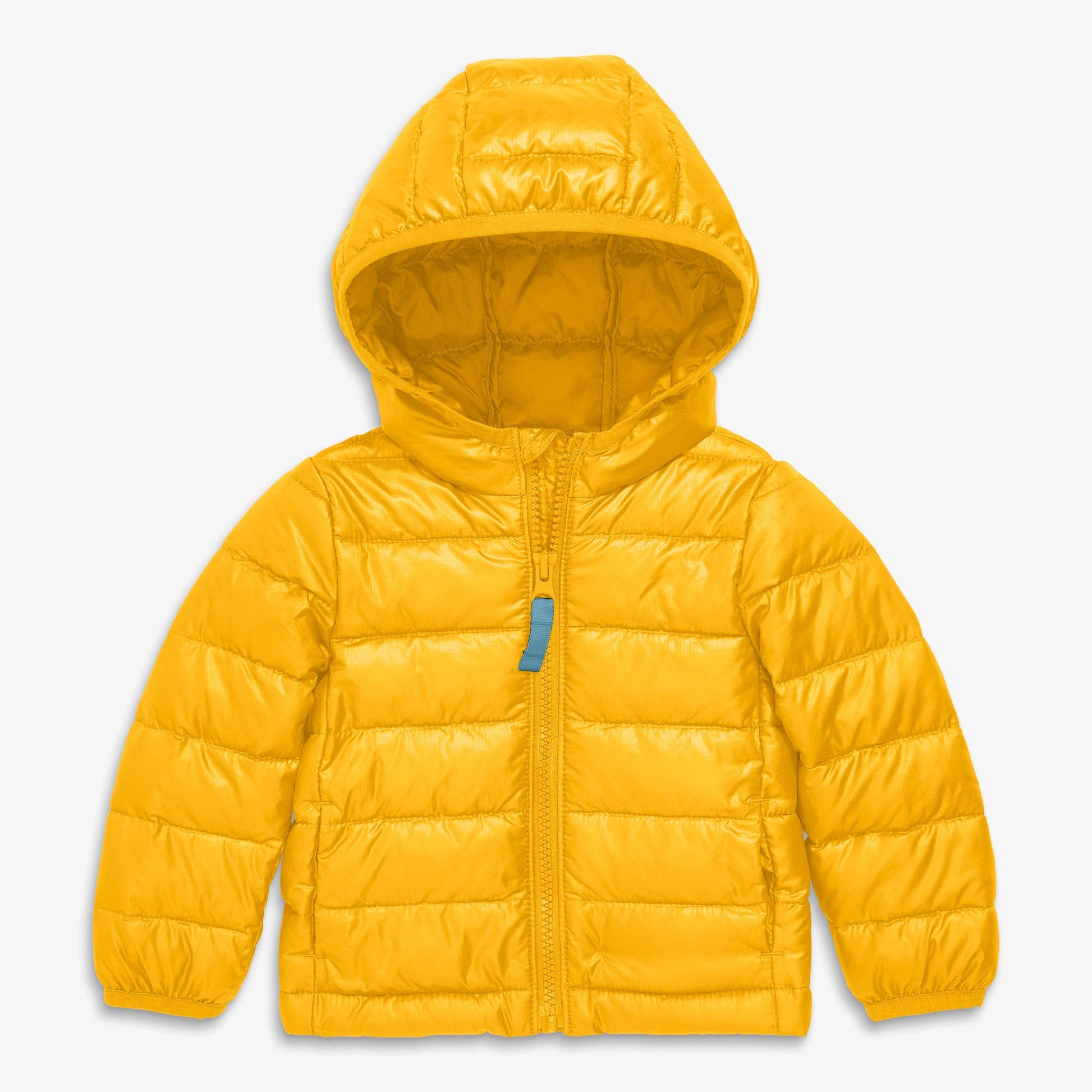 A bright yellow hooded puffer jacket with horizontal quilting, a front zipper, and a small blue accent tab on the chest, shown against a light gray background.