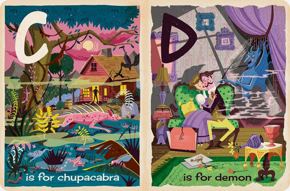 Illustrated diptych with 'C' for chupacabra on the left and 'D' for demon on the right, featuring fantastical elements.