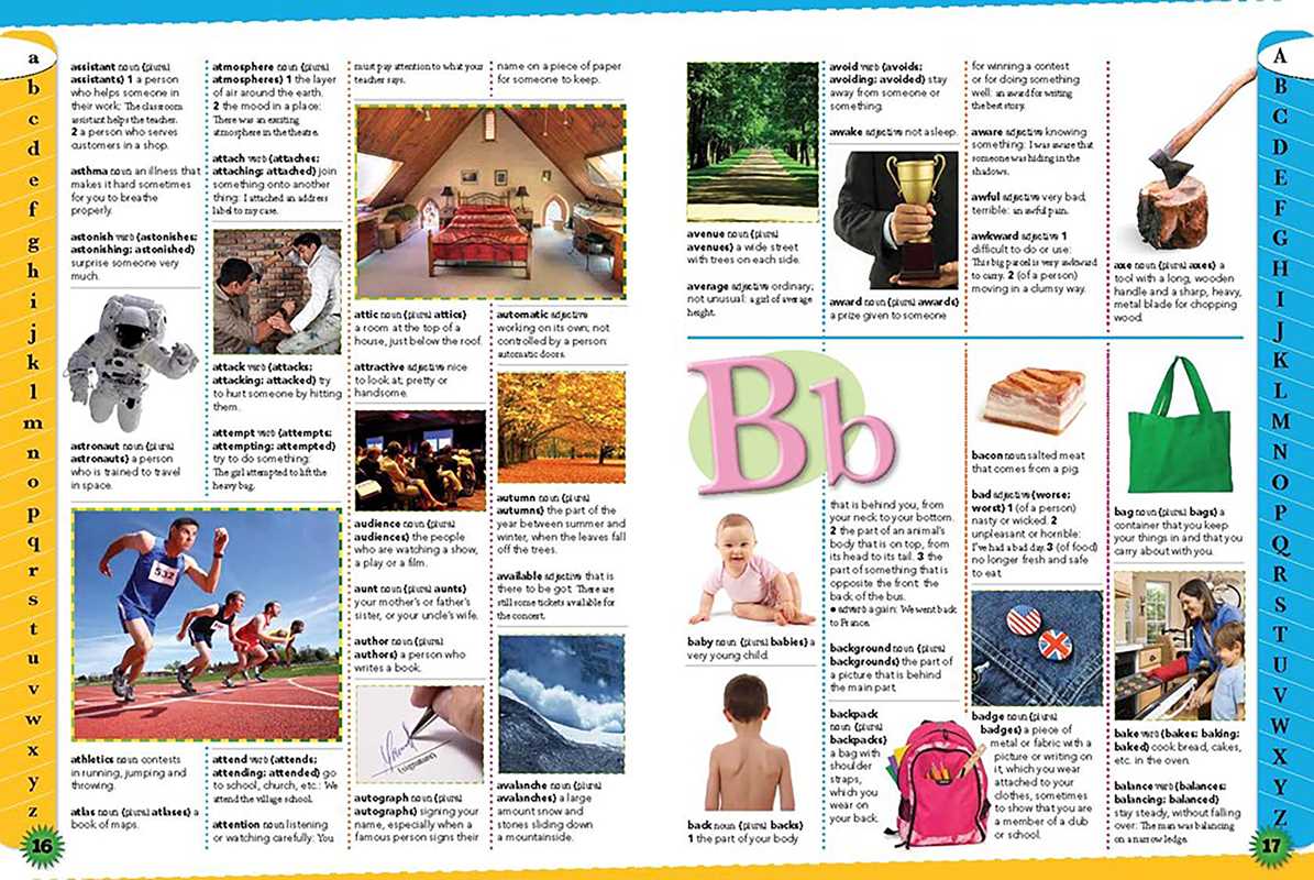 A printed bilingual children's educational poster or booklet spread showing English and Spanish content, with alphabet columns, descriptive text blocks, and small photos of objects, animals, and scenes. The spread includes letters A through Z along the right edge and a yellow vertical header on the left.