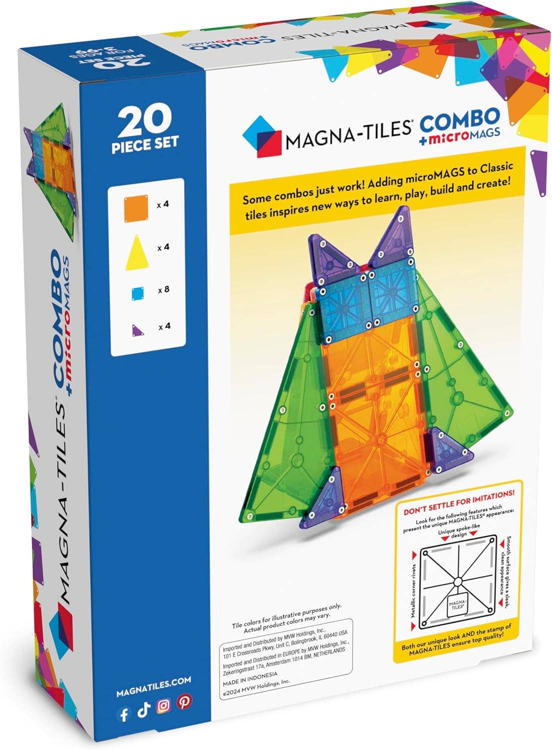 Packaging for the 20-Piece Set-Magna-Tiles Combo, featuring colorful tiles and a constructed pyramid model, indicating the product is for ages 3-99.