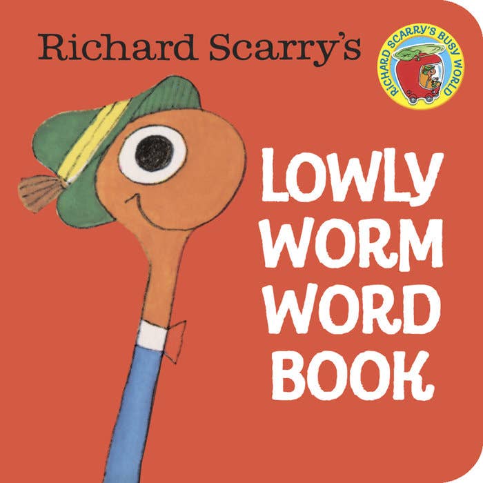 Book cover of 'Lowly Worm Word Book' by Richard Scarry with a cartoon worm character on an orange background.