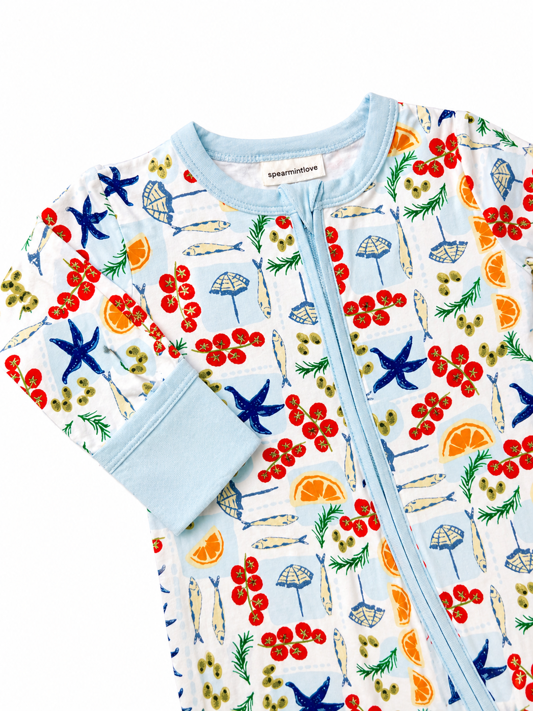 Baby zip pajama with colorful pattern on a white background