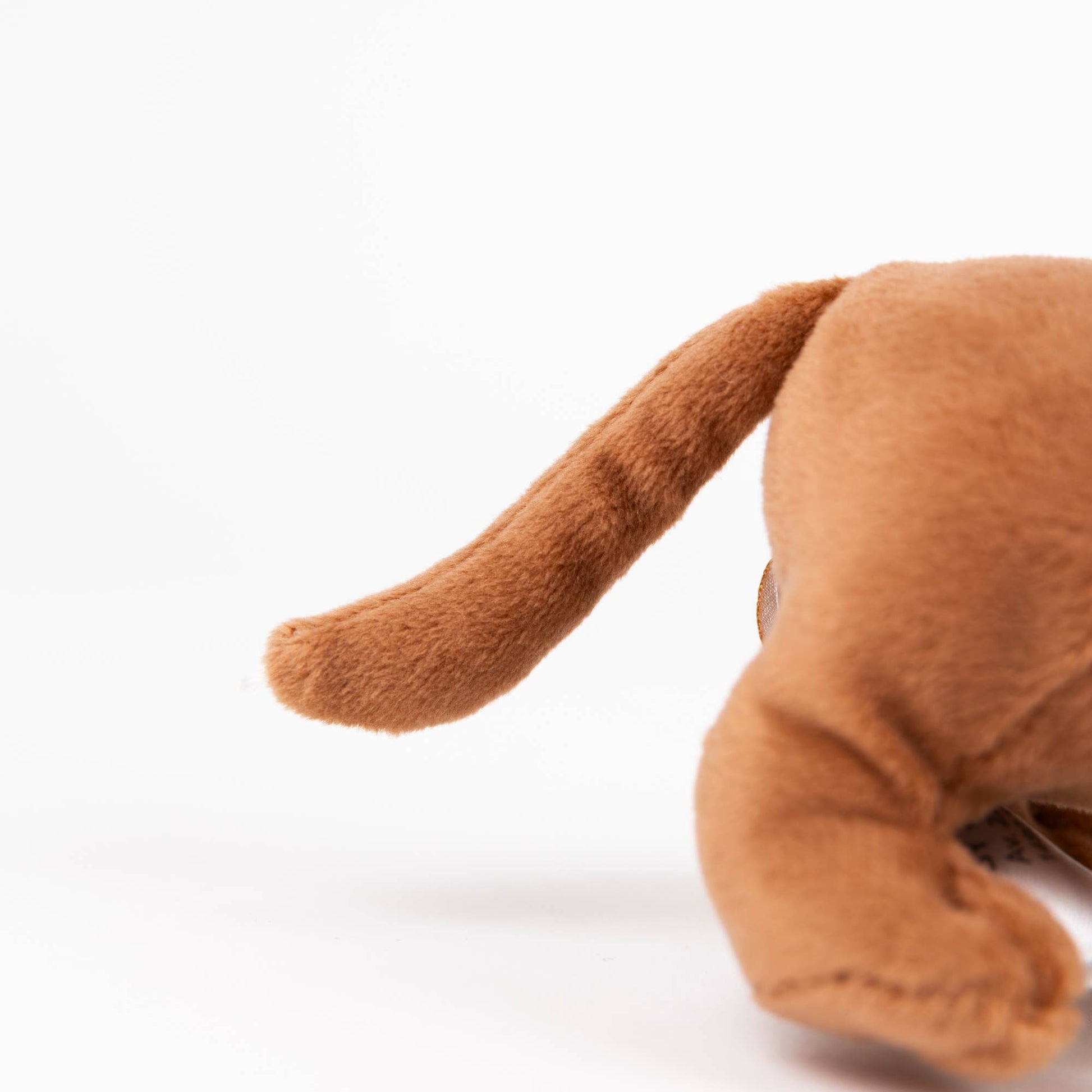 Close-up of a brown plush toy, showing the back, tail, and paw on a clean white background.