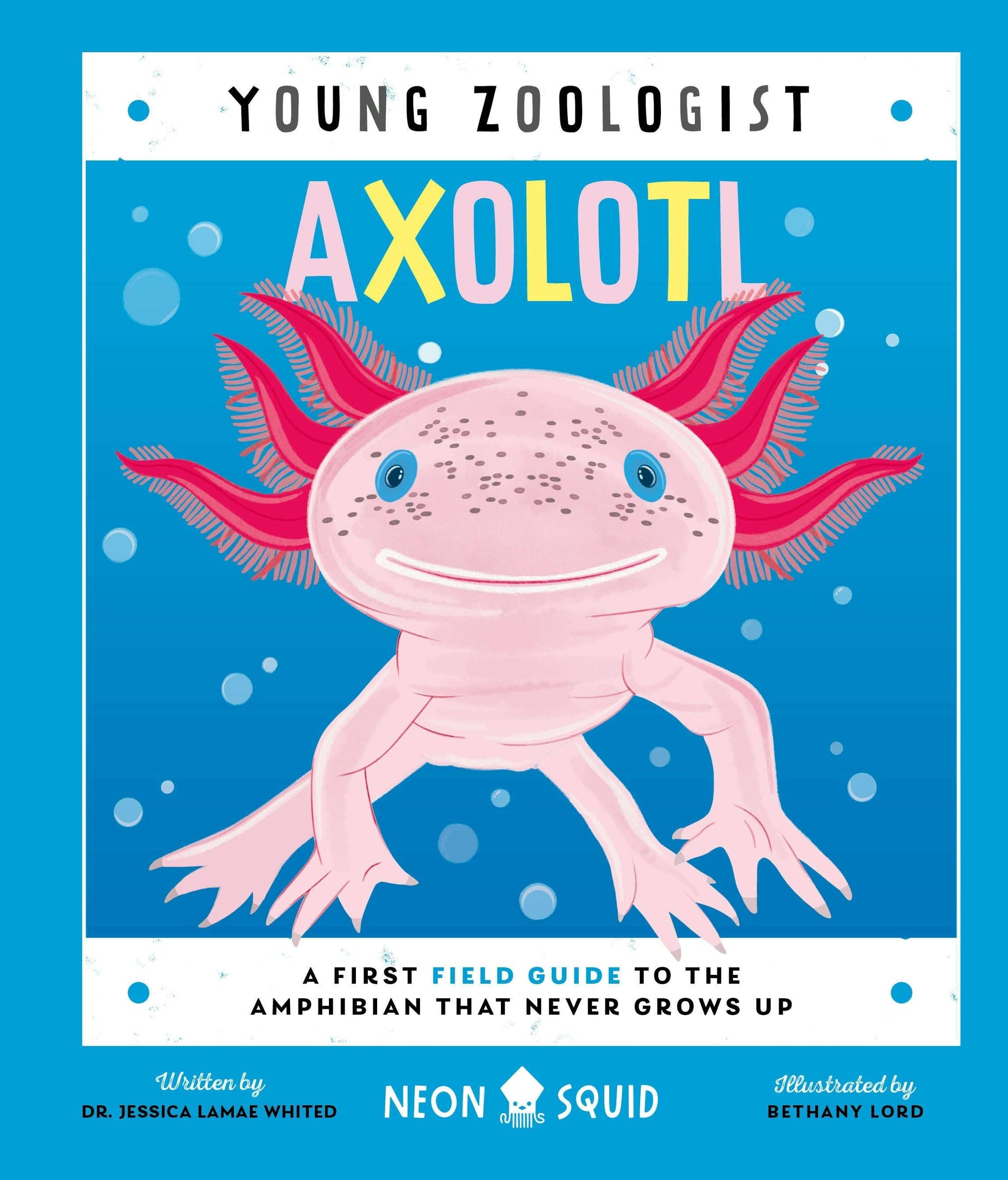 Book cover of 'Young Zoologist: Axolotl' with a pink axolotl illustration on a blue background.