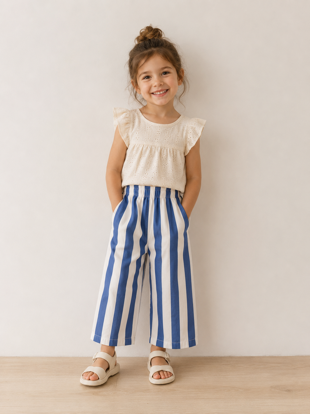 Young girl wearing a white top and blue striped pants standing against a plain background