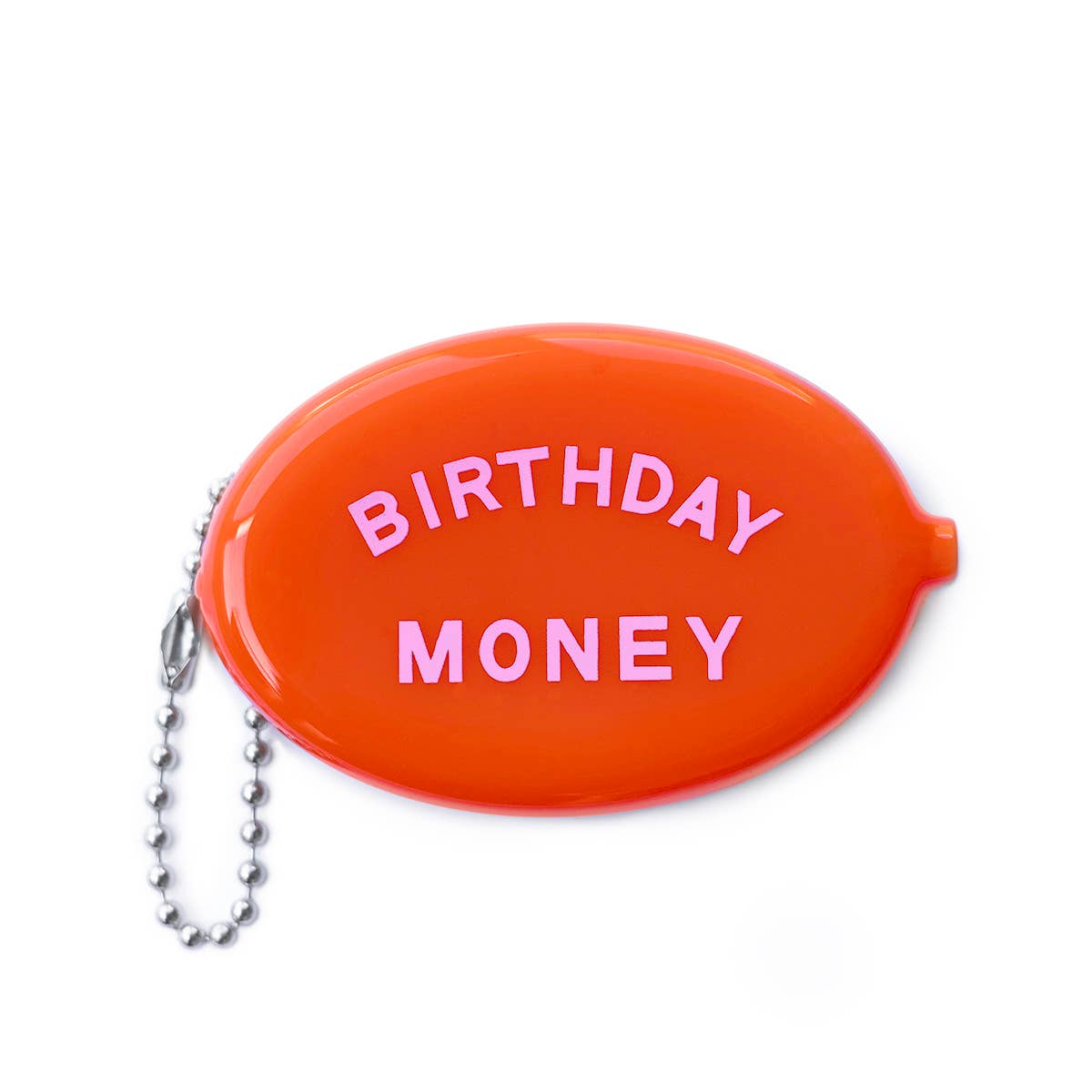 Orange coin purse with 'Birthday Money' text on a white background