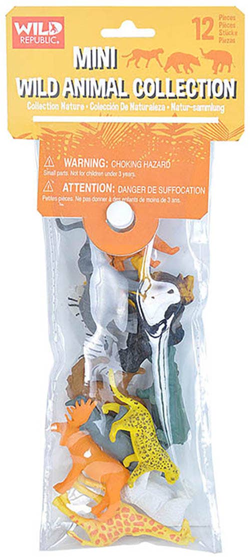 Wild Republic Mini Wild Animal Collection toy set in clear plastic packaging with a yellow and orange header card. The set includes small animal figurines such as a giraffe, zebra, lion, and others.