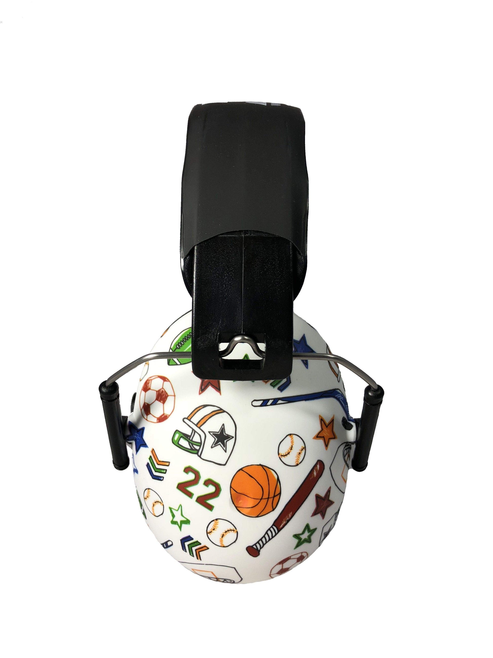 Ear protection with sports-themed design on a white background