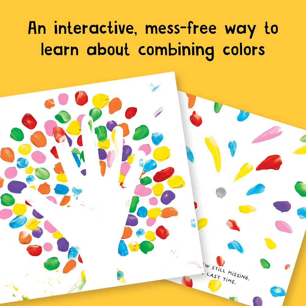 Colorful fingerprint art on a yellow background with text about learning colors.