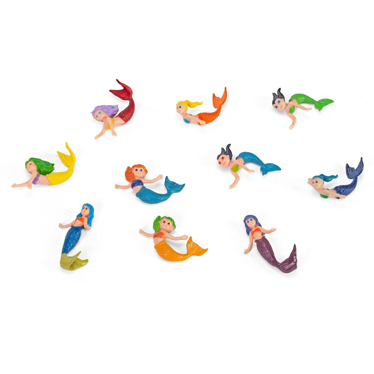 Colorful mermaid figurines on a white background