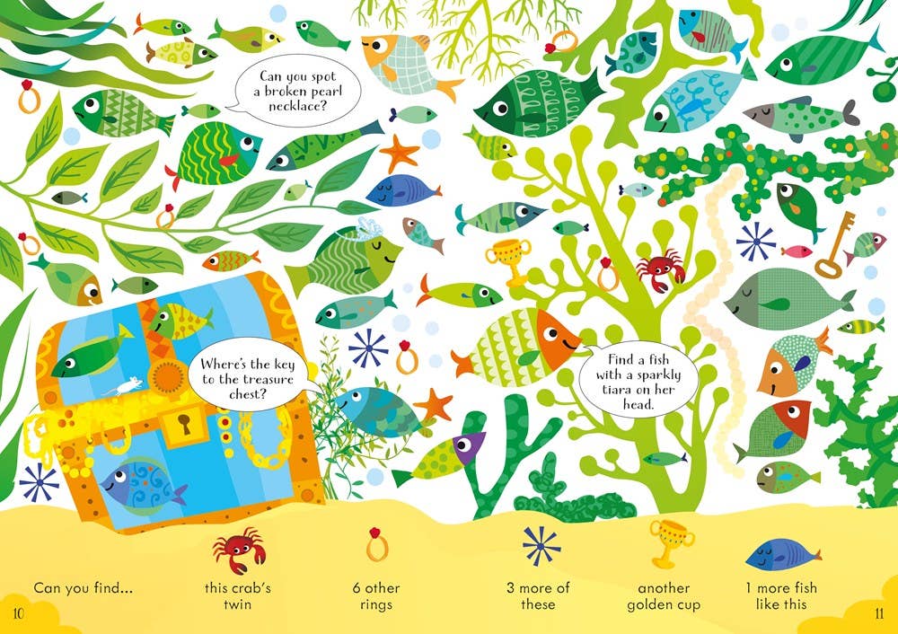 Colorful children's book page with underwater scene, fish, and treasure chest.