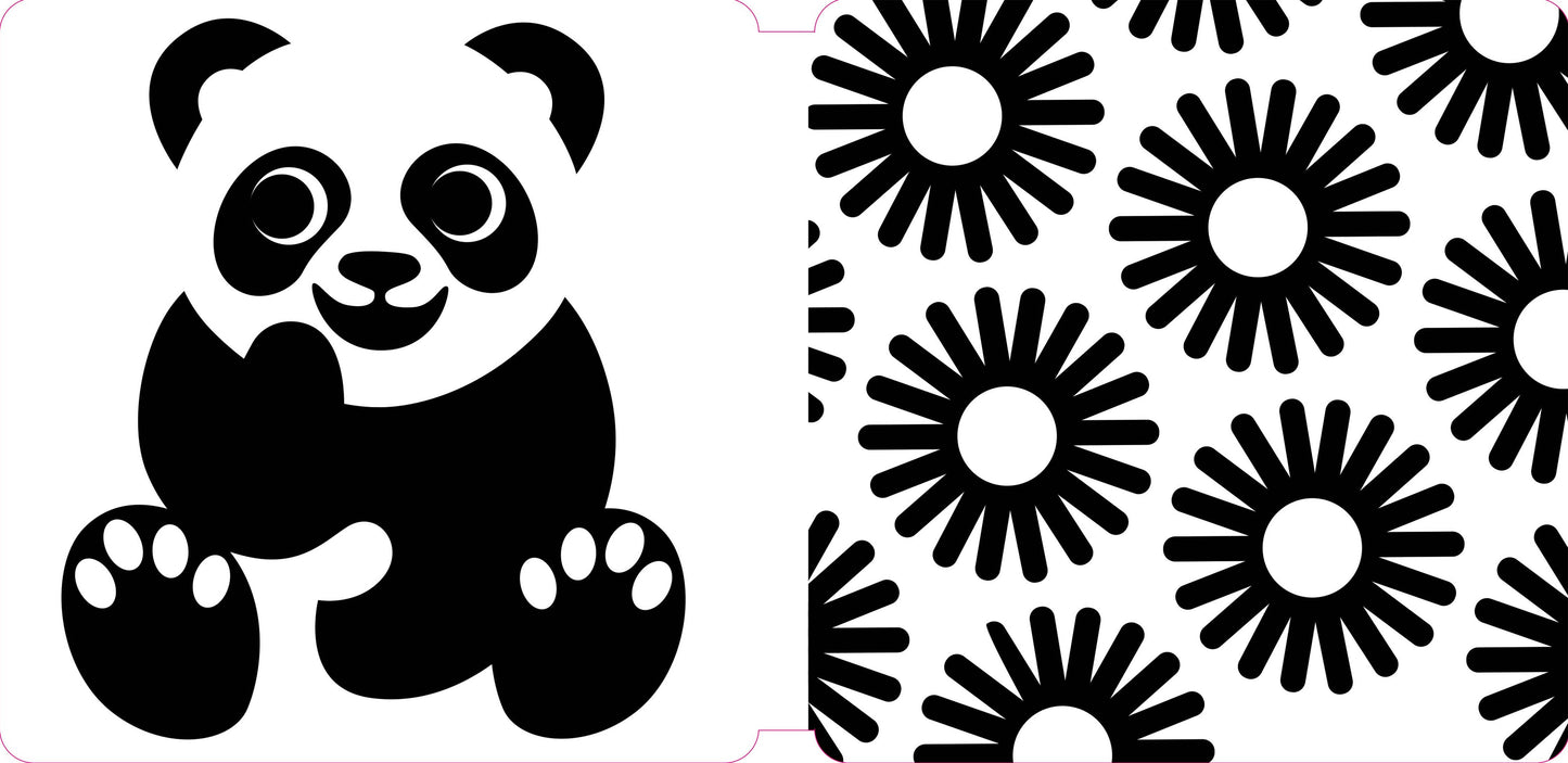 A black and white graphic design featuring a cartoon panda on the left and a repeating black sunburst flower pattern on the right, likely a digital design asset or print preview.