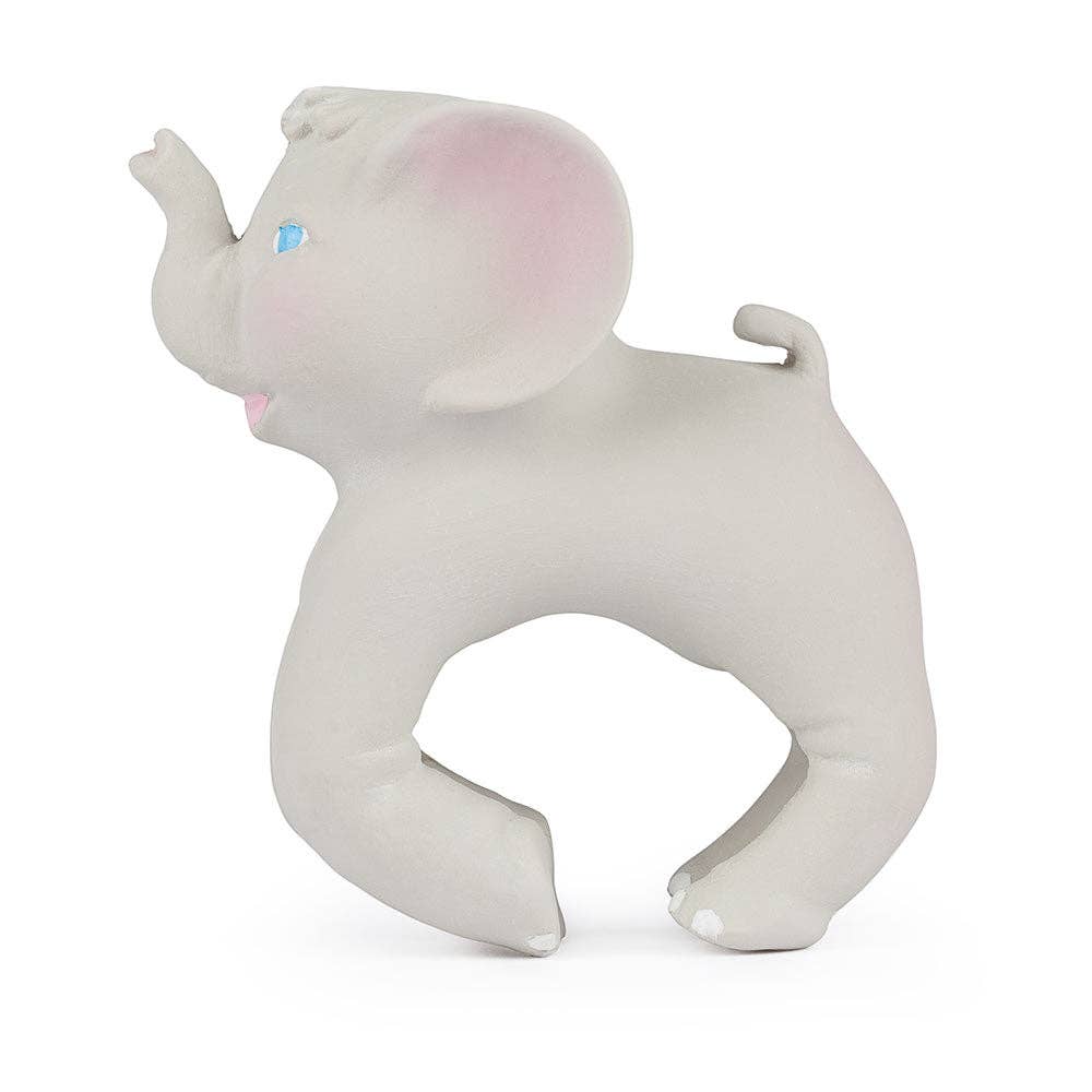 Gray elephant-shaped teething ring on a white background