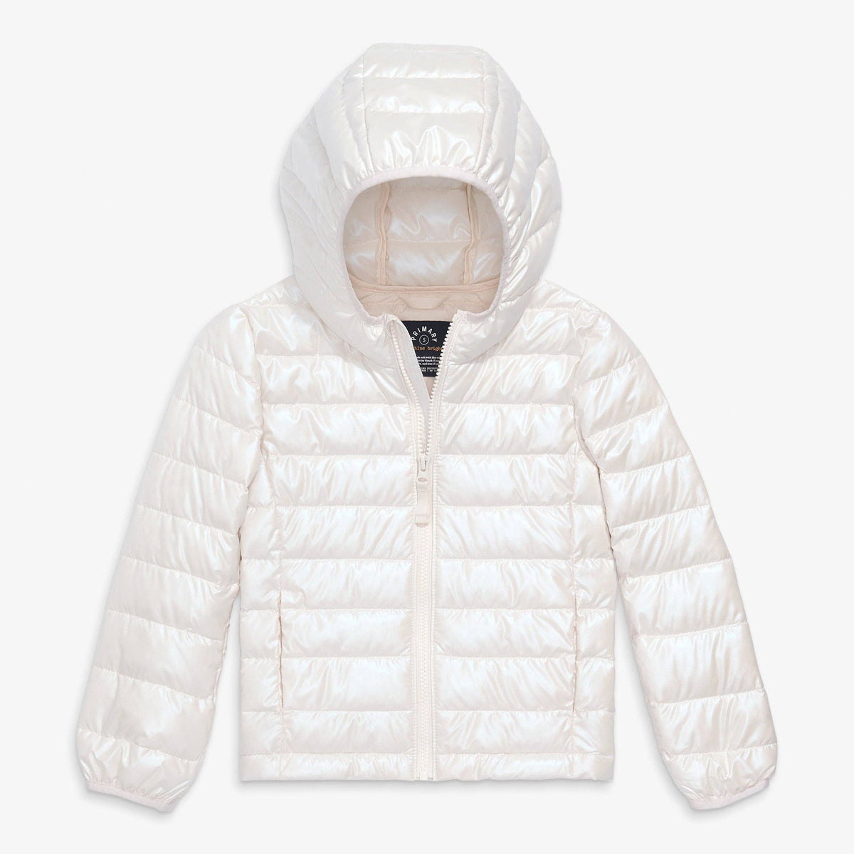 A white hooded puffer jacket with horizontal quilting, shown flat against a light gray background.