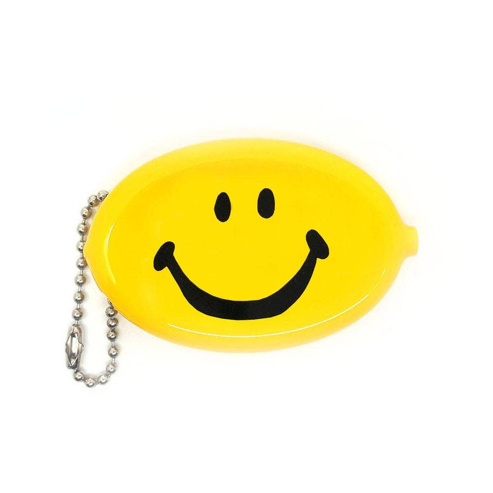 Yellow lemon-shaped keychain coin purse with a smiley face on a white background