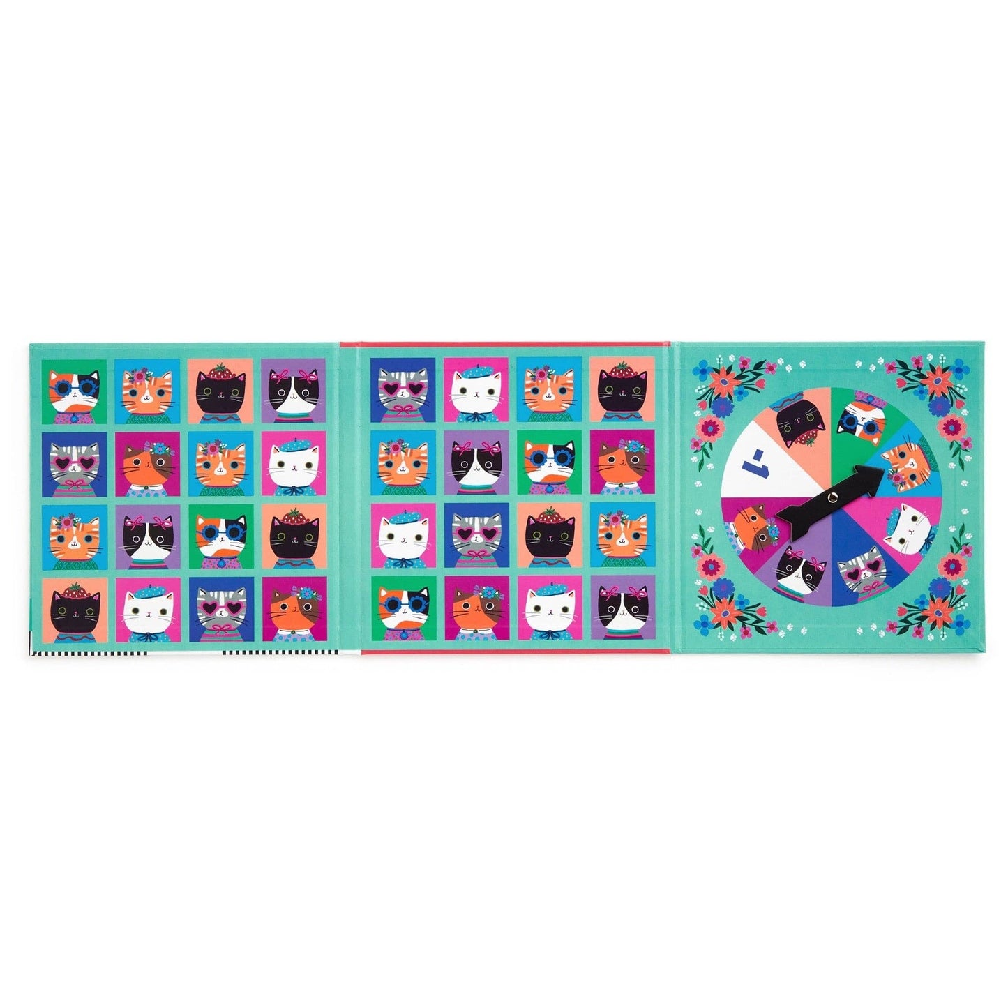 Children's book with colorful illustrations of cats on a white background