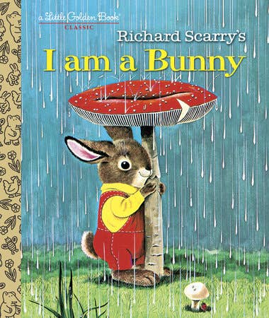 Book cover of 'I am a Bunny' by Richard Scarry with a rabbit holding an umbrella in the rain.