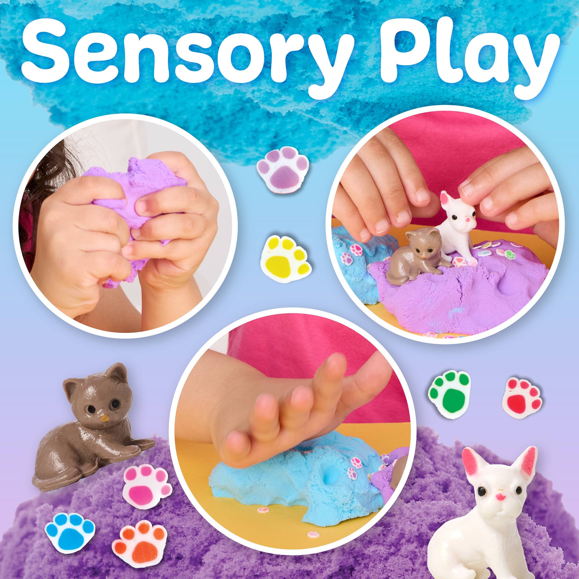 Sensory play activities with hands interacting with purple and blue materials, animal figurines, and paw prints on a blue and purple gradient background.