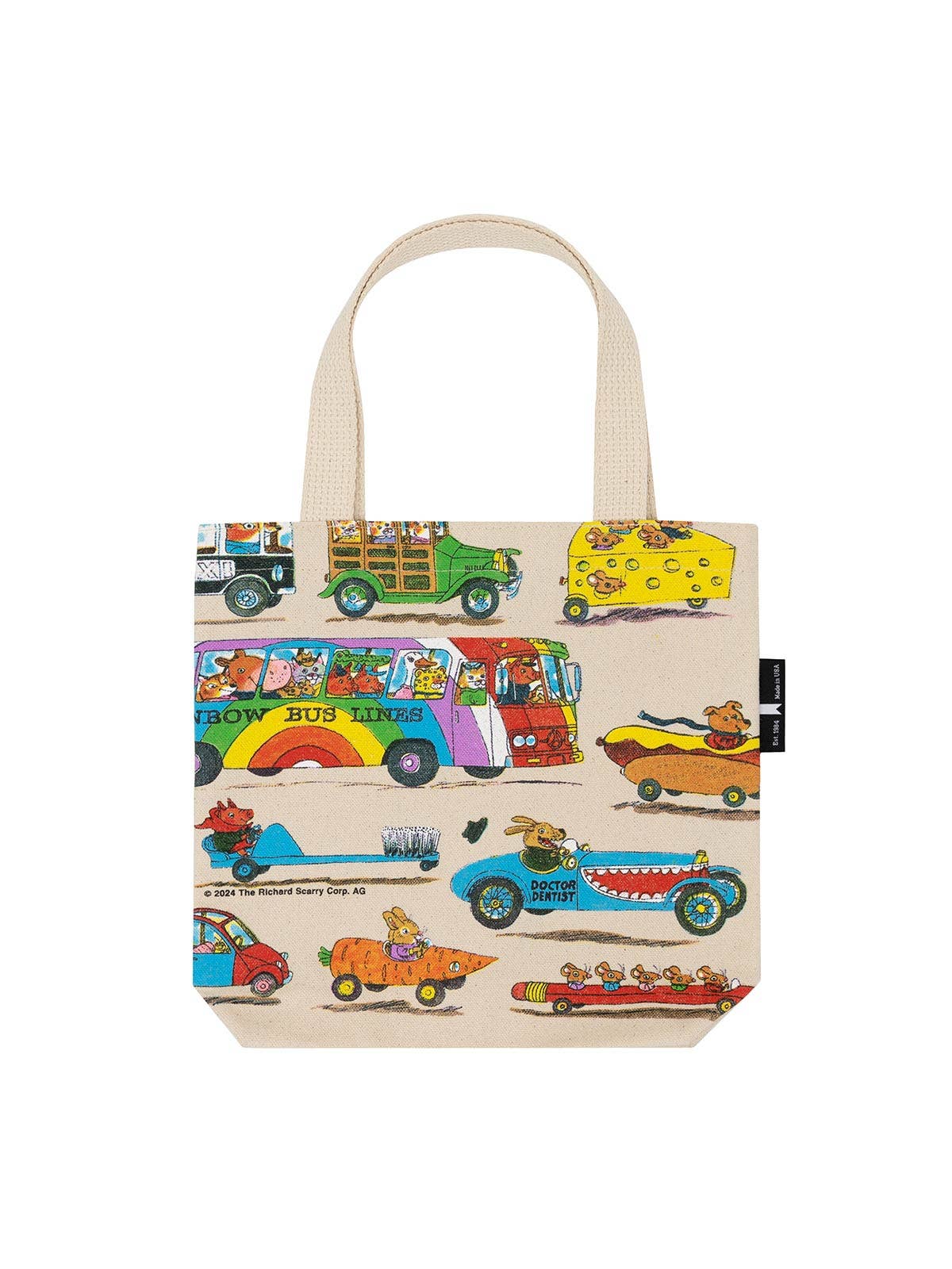 Tote bag with colorful vehicle illustrations on a beige background