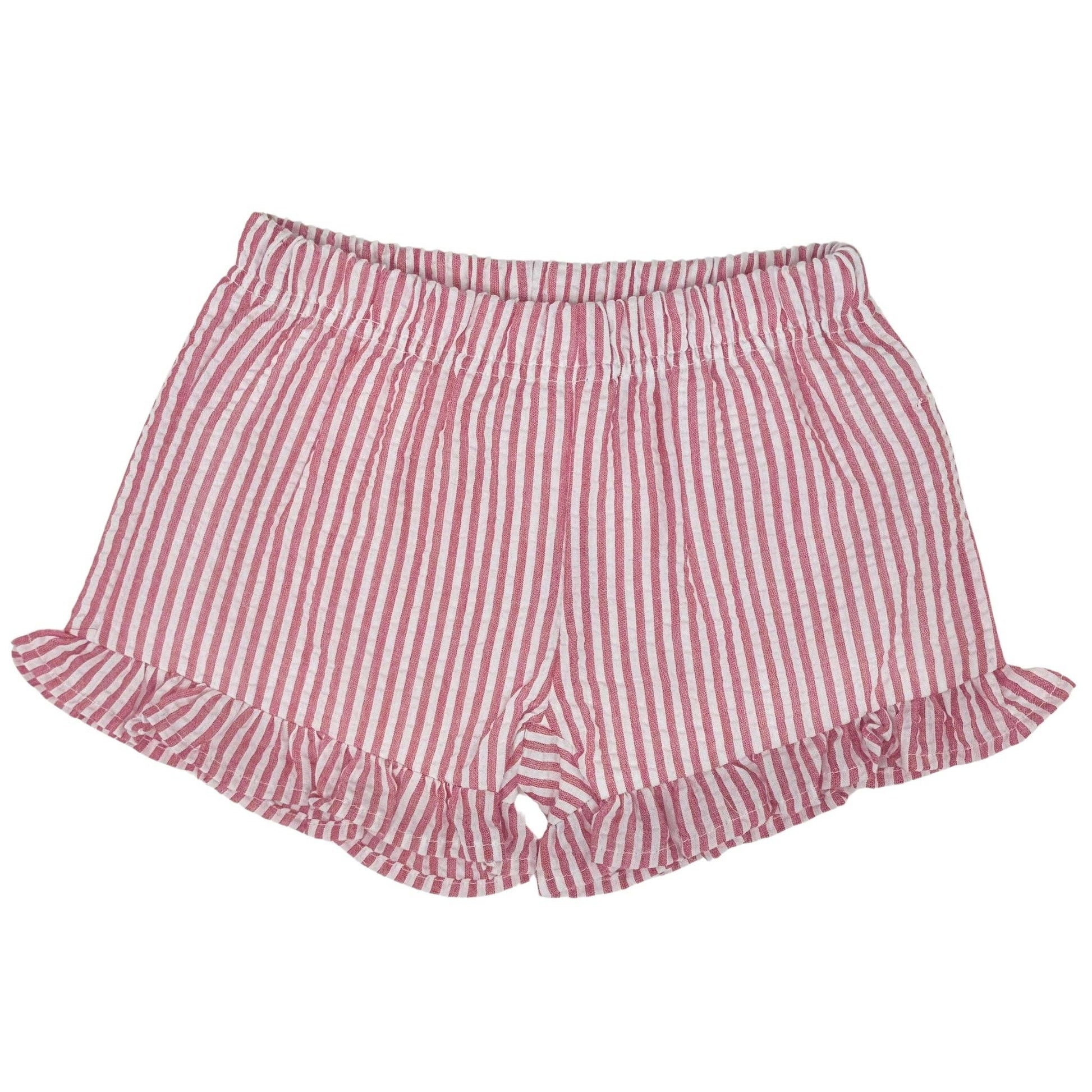 Red  and white striped shorts with ruffled edges on a white background