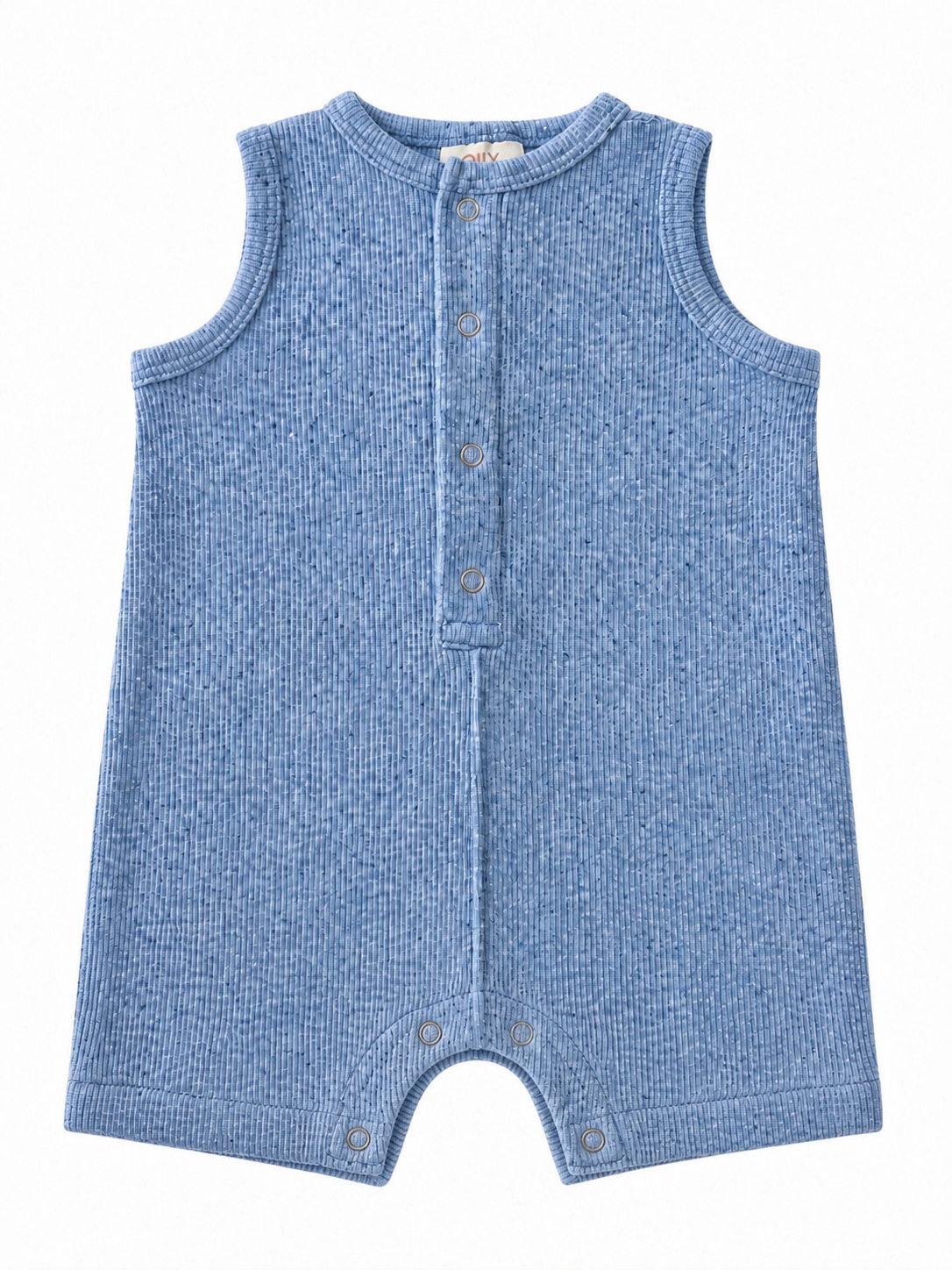 Blue sleeveless romper with snaps on a white background