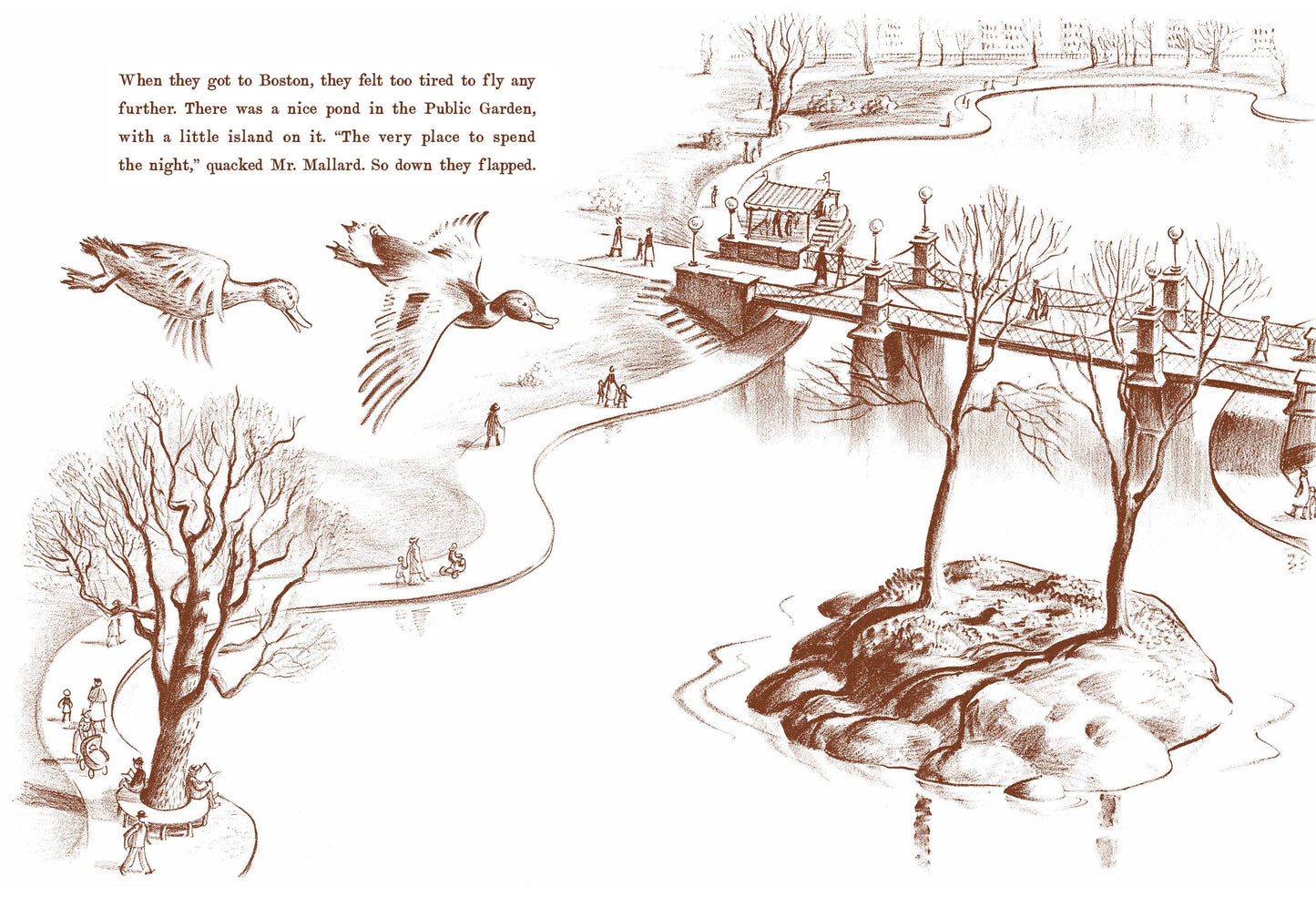 Illustration of a park scene with people, birds, and a pond, accompanied by text.