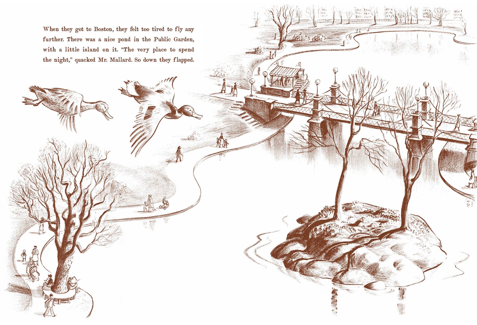 Illustration of a park scene with people, birds, and a pond, accompanied by text.