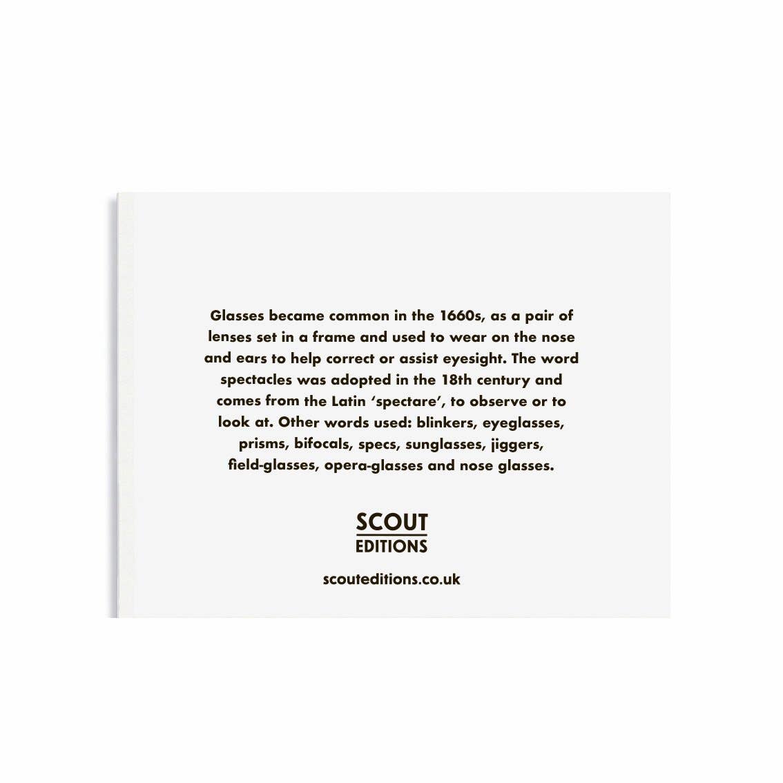Backside of spectacles card on a white background giving a fact about when glasses became common in 1660.